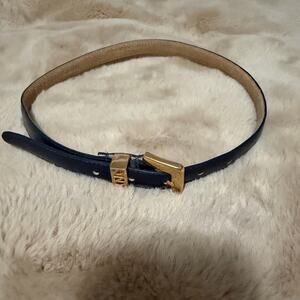 VTG Jones New York Navy Blue Leather Belt Art deco Gold Buckle S/M